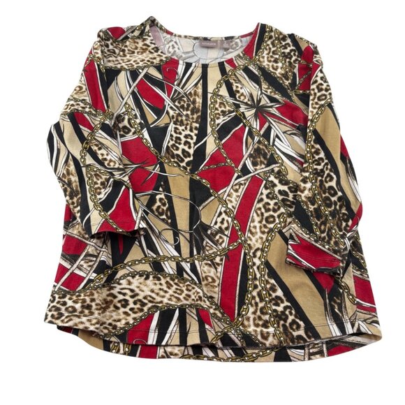 Chicos Animal & Abstract Print Top Size 2 Medium 3/4 Sleeves Red Gold - Picture 1 of 6